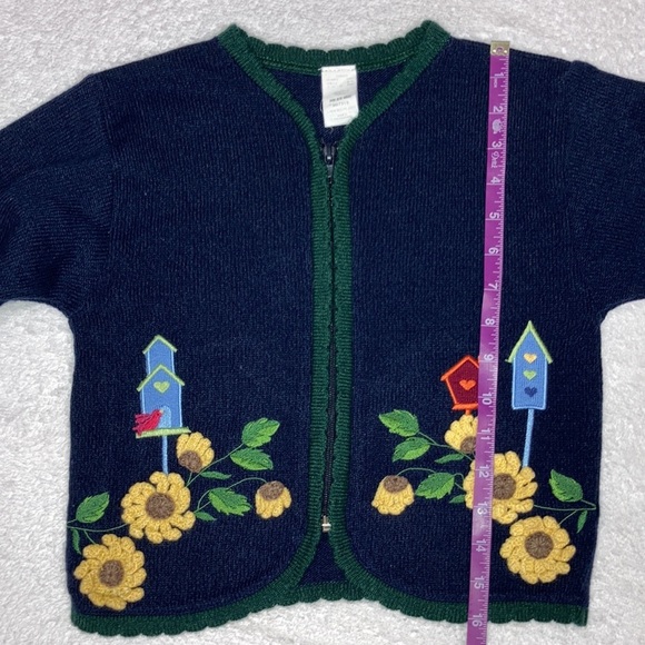 Vintage 90’s navy blue zip sweater with flowers and bird houses euc size 6 - Picture 4 of 7